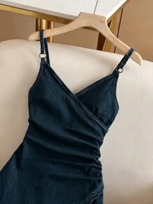 Breezaya 女款百褶休閒日常牛仔細肩帶洋裝 - 深色水洗藍 - 查看 7