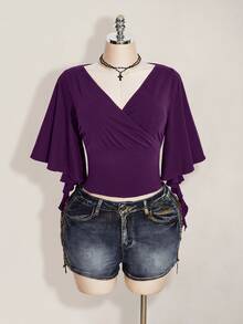 SHEIN ICON 女款大尺碼黑色夏季哥德風性感夜店約會派對夜店 T-shirt，復古優雅 V 領荷葉袖修身 Y2K 風格 - 紫色 - 查看 5