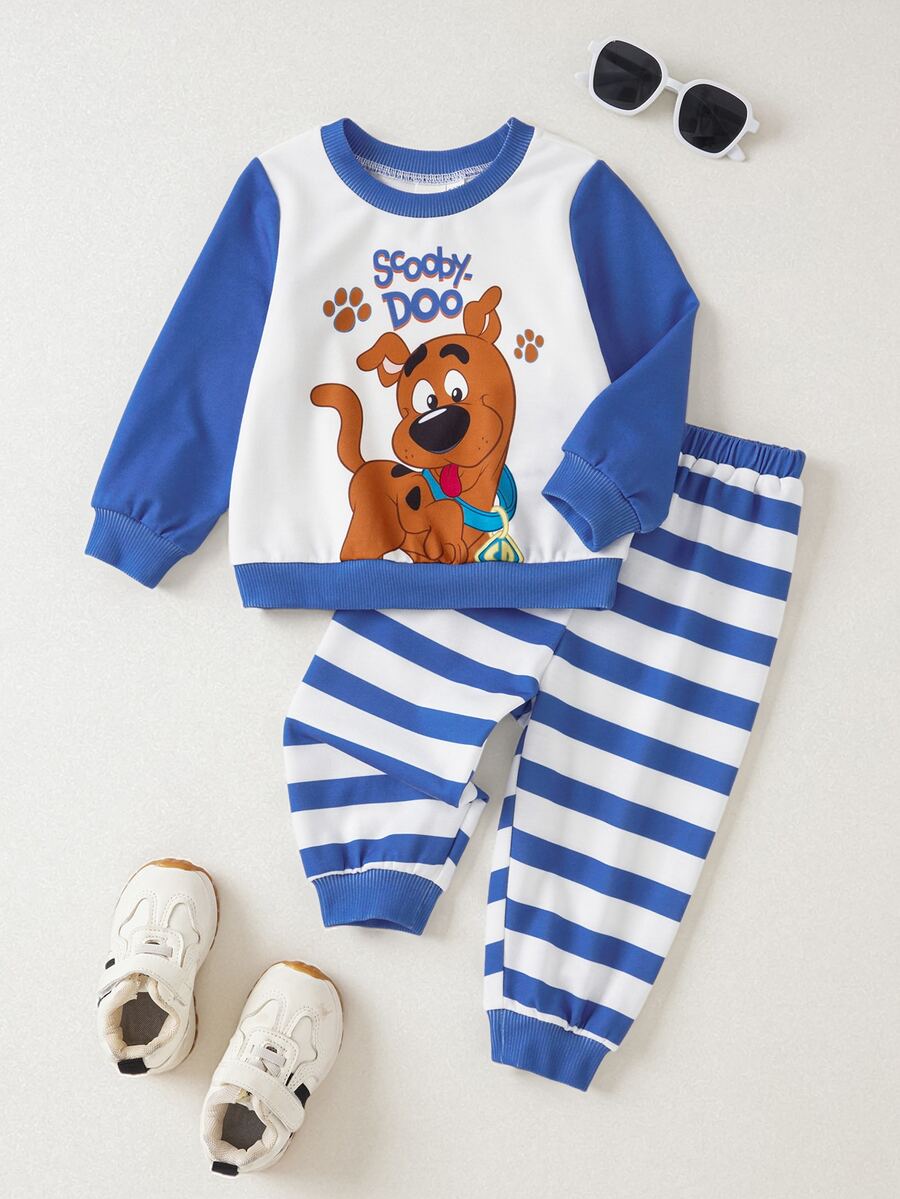 SCOOBY-DOO X SHEIN SCOOBY-DOO 男嬰圓領長袖運動衫與條紋長褲套裝 - 藍色 - 查看 1