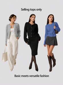 SHEIN BASICS 女款純色單排扣休閒百搭長袖開襟衫，適合日常外出、商務辦公、早午餐，米白色，秋季教師節 - 霧霾藍 - 查看 11
