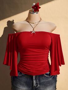 SHEIN ICON 女款大尺碼復古性感休閒千禧風 Y2K 波希米亞風度假風 荷葉袖 抓褶腰 棕色修身露肩上衣 - 紅色 - 查看 10