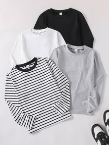 SHEIN Vacaura 4-Pack Long Sleeve T-Shirts Multipack, Casual Minimalist Solid Color & Horizontal Striped Crew Neck Pullover Basic Tees Set,Fall Tops - Black and White - View 1