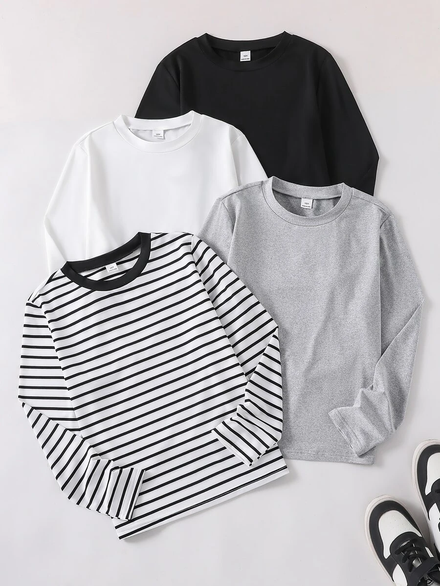 SHEIN Vacaura 4-Pack Long Sleeve T-Shirts Multipack, Casual Minimalist Solid Color & Horizontal Striped Crew Neck Pullover Basic Tees Set,Fall Tops - Black and White - View 1