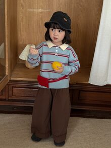 DAZY Sweater Lengan Panjang Gaya Korea Bergaris Kasual Warna Kontras untuk Bayi/Balita (Perempuan) - Baby Blue - View 4