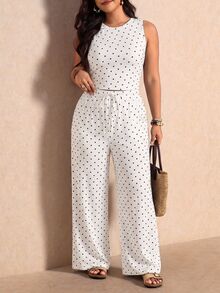 Elaquor Casual Minimalist Polka Dot Pattern Elastic Fabric Plus Size White 2 Pieces Set Suitable For Spring, Summer, Autumn - Multicolor - View 6