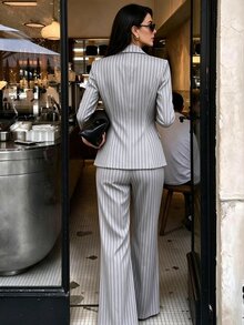 Penseblé Women's 2 Pieces Vertical Stripe Suit Set, Spring Autumn Elegant Business Co‑Ord, Peak Lapel Double‑Breasted Gold Button Fitted Blazer & Straight‑Leg - Light Grey - View 2