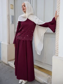 Graceveil Spring/Autumn Burgundy Heavy Beaded & Rhinestone Embellished Flared Sleeve Round Neck Top & Full Skirt Elegant Women's 2 Pieces Set For Party - Burgundy - View 4