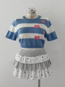 Sunspun Plus Size Women's Heart Pattern Short Sleeve Knit Top, Suitable For Spring, Summer, Autumn, Winter. Perfect For Back To School, Daily Wear Or Graduation Ceremony Occasions. Suitable For Valentine's Day, Halloween, Christmas Outfits, Blue And White Striped Heart Peach Design, Y2k Series - Blue and White - View 6