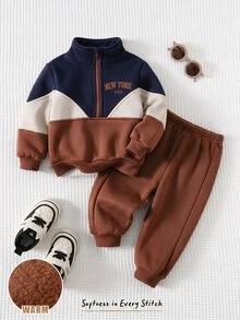 Cozy Pixies 男嬰拼接撞色字母印花圓領長袖套頭運動衫＋鬆緊腰秋冬長褲 2件套 米色深綠色 - 彩色 - 查看 4
