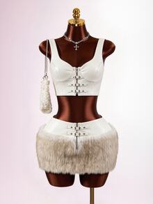 Mistrie Women's Sexy Faux Fur & Metal Button Patchwork Skirt - White - View 1