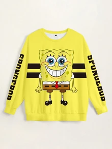 SpongeBob SquarePants | SHEIN 大尺碼圓領卡通印花休閒日常長袖運動衫 - 白色 - 查看 4