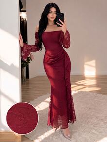 Modelyn Women's Elegant Burgundy Lace Cold Shoulder Ruffle Sleeve Dress, Slim Fit Bodycon Mermaid Dress, Ruched Waist, Side Ruffle Trim, Suitable For Wedding Guest, Party, Evening Event, Concert - Burgundy - View 7