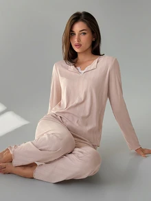 DAZY طقم ملابس نسائي بلون موحد بأكمام طويلة وبنطال طويل كاجوال للاستخدام اليومي والمنزلي والنوم - لون شمبانيي - مشاهدة 5