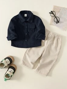 SHEIN 男嬰 2件組秋冬休閒可愛棕色燈芯絨襯衫套裝，嬰兒冬季套裝，聖誕節 - 彩色 - 查看 6