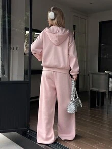 DAZY Women's Rhinestone Long Sleeve Hooded Sweatshirt And Drawstring Waist Pants 2 Pieces Set - Pink - View 5