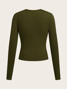 SHEIN BASICS 經典基礎極簡休閒圓領長袖修身女款針織T恤，適合日常居家度假，黑色，秋季日間校園穿搭 - 軍綠色 - 查看 2