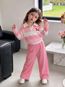 SHEIN 女童休閒 Polo 領兩件套，白色對比翻領粉色印花長袖上衣 + 粉色高腰 - 粉色 - 查看 3