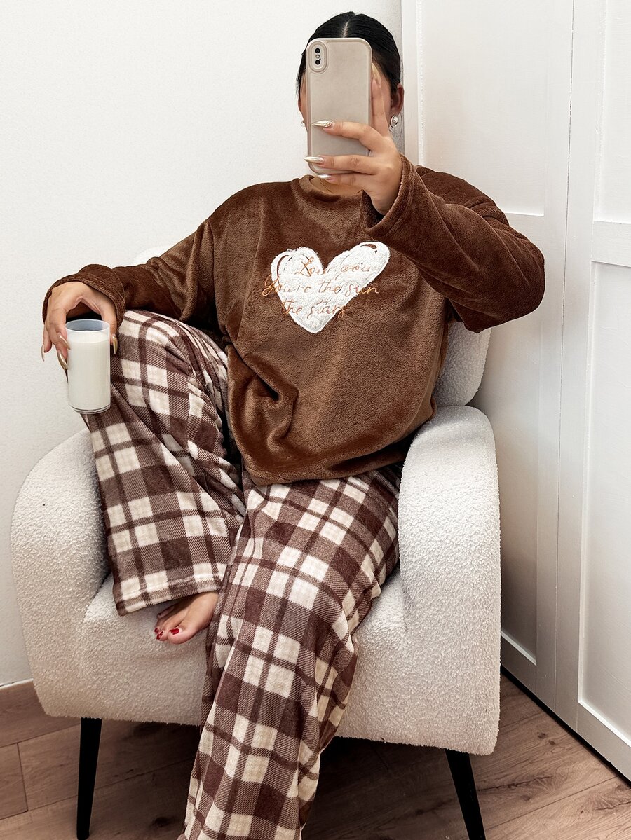 Napfluff CURVE Napfluff CURVE Plus Size Heart & Letter Embroidered Flannel Long Sleeve Top And Plaid Pants Pajama Set - Brown - View 1