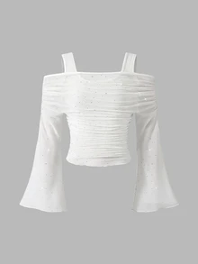 SHEIN Elladie kids 女童春夏新款背心內搭二合一露肩亮片網紗長袖上衣，時尚優雅甜美可愛 - 白色 - 查看 4