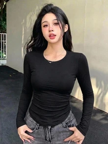 DAZY 女款黑色純色圓領長袖基礎層T恤，休閒街頭風戶外運動婚禮上衣，適合秋冬夏季 - 黑色 - 查看 4