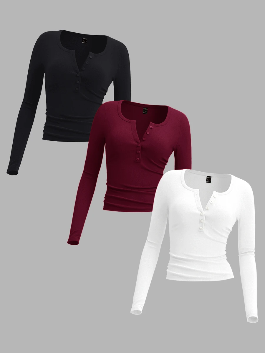 SHEIN EZwear 休閒極簡風黑白酒紅三色針織多件套大尺碼女款開領長袖T恤套衫,適合秋冬 - 彩色 - 查看 1