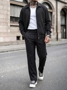 Manfinity CasualCool Men's Striped Zipper Placket Jacket And Pants Casual Set - Black - View 4