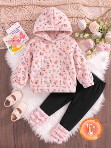 SHEIN 女嬰兩件套，包含碎花法蘭絨連帽衛衣與長褲，保暖舒適，適合秋冬穿著 - 彩色 - 查看 6