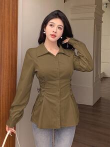 Modelyn 女款純色單排扣休閒側腰抽繩繫帶時尚襯衫 - 棕色 - 查看 6
