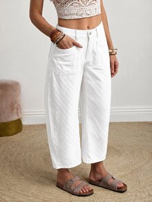 Breezaya Plus Size Textured Button Denim Cropped Curved Leg Pants - White - View 4