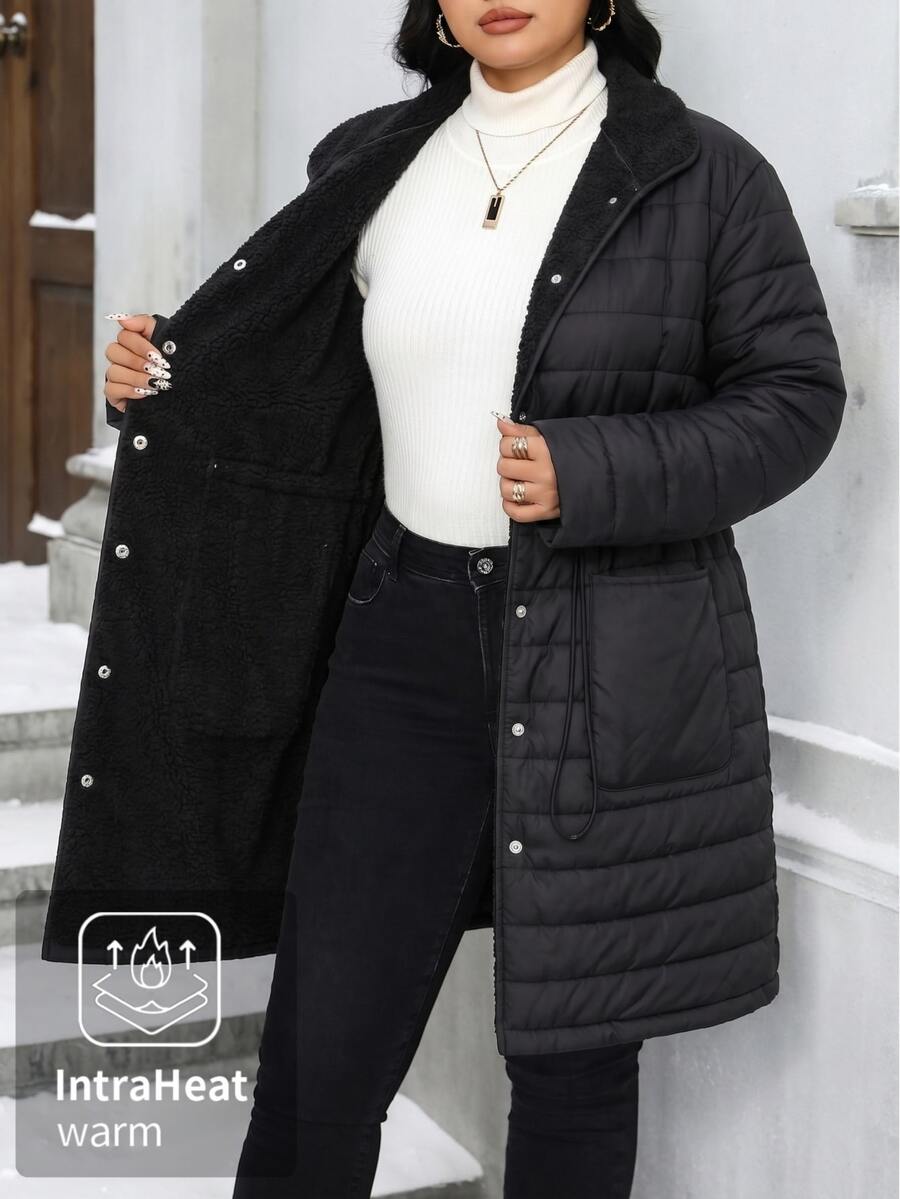 Easura Plus Size Autumn/Winter Long Sleeve Striped Thermal Lined Padded Coat - Black - View 1