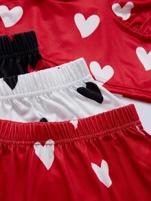 ZzzCrew Heart Print Lace Camisole & Shorts 2 Pieces Pajama Set, Sweet Sexy Cropped Waist Loungewear, 6-Piece Set - Black - View 5