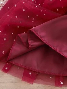 SHEIN 女嬰針織天鵝絨圓領對比網紗下擺休閒洋裝 - 紅色 - 查看 6