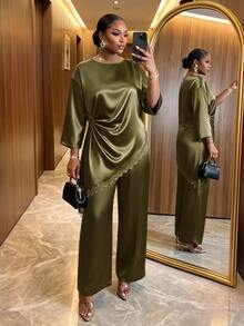 SHEIN Lady CURVE 大尺碼女款蕾絲拼接上衣與長褲休閒優雅日常兩件套 秋季早午餐晚餐穿搭 橄欖綠 - 橄欖綠 - 查看 1