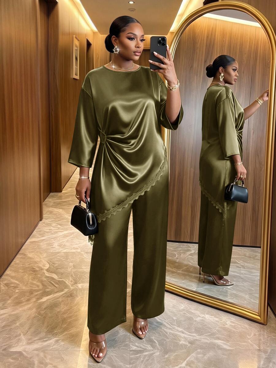 SHEIN Lady CURVE 大尺碼女款蕾絲拼接上衣與長褲休閒優雅日常兩件套 秋季早午餐晚餐穿搭 橄欖綠 - 橄欖綠 - 查看 1