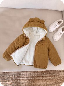 SHEIN 嬰兒男孩女孩黑色冬季抓絨內裡連帽拉鍊加厚夾棉外套 棉質休閒百搭萬用柔軟舒適運動款 適合戶外雪地玩耍 - 鏽棕色 - 查看 8