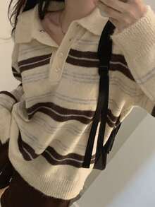DAZY Sweater Lengan Panjang Wanita Motif Garis-Garis Kontras Warna dengan Kancing Setengah Plaket untuk Musim Gugur - Krem - View 3