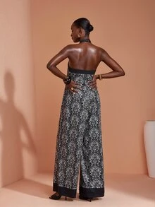 JIAN LASALA Knit Halter Neckline Sleeveless Contrast Band Elegant Long Jumpsuit Vacation Causal - Multicolor - View 2
