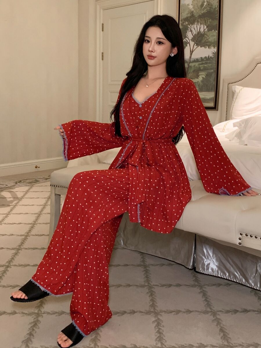 DAZY Women's Polka Dot Print Long Sleeve Robe, Camisole And Pants Pajama Set - Red - View 1