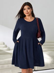 Solflare Plus Size Casual Versatile Solid Color Dress Fall - Navy Blue - View 7