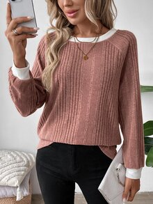 SHEIN LUNE 2024秋冬女款新款Merlet色圓領衛衣，長袖上衣，米色休閒早午餐秋季女裝 - 粉色 - 查看 6