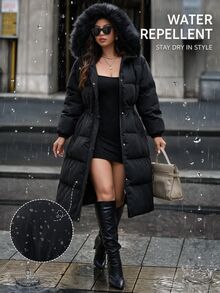 Easura Plus Size Autumn/Winter Long Sleeve Hooded Detachable Fur Collar Padded Coat - Black - View 3