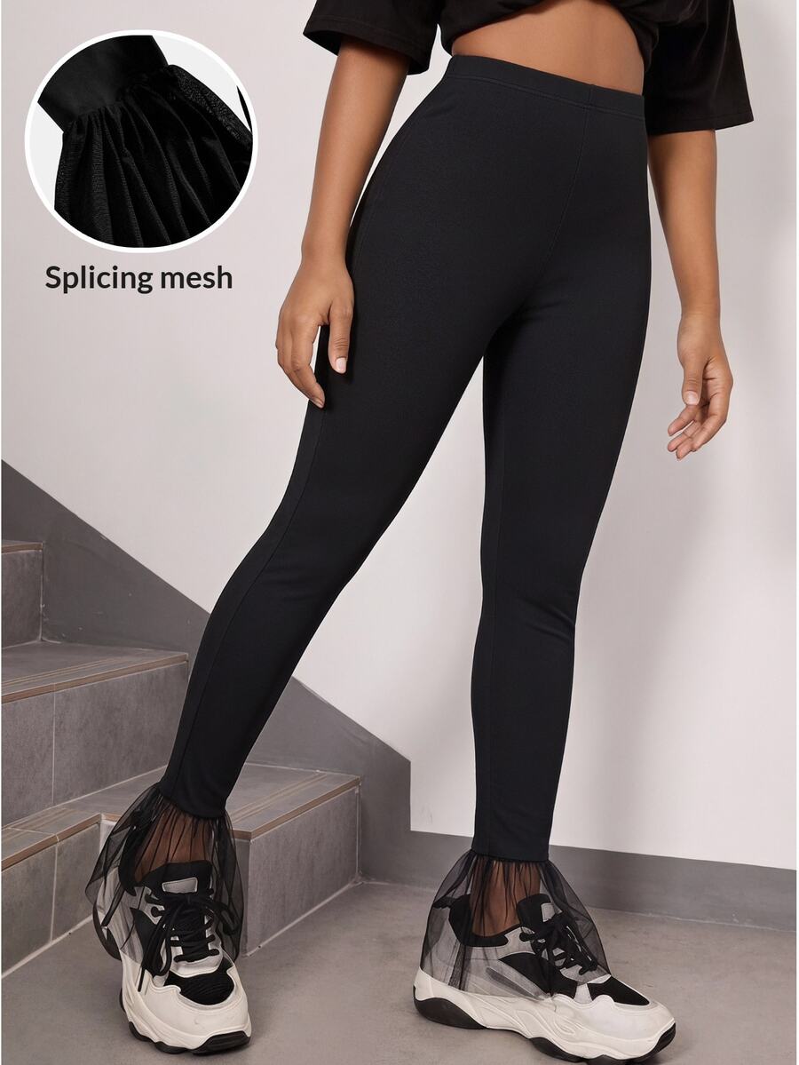 SHEIN Celana Legging Ketat Kasual Hitam untuk Remaja Perempuan dengan Hem Bergelombang, Bagian Bawah Jala Mengembang, Celana Panjang Elastisitas Tinggi - Hitam - View 1