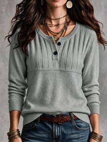 SHEIN Elegant Beige Ribbed Knit Long Sleeve Top, Vintage Half-Button Henley Collar, Commuter Outerwear Base Layer Sweater - Light Grey - View 6