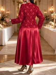 Fleurora 大尺碼女款提花開襟外套與洋裝優雅兩件套聖誕裝 - 紅色 - 查看 2