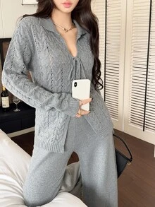 Feyla Women's Solid Color Hollow Out Front Tie Knit Cardigan And Knit Pants Casual Set - Grey - View 4