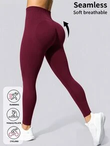Easithlete Easithlete 女款純色高腰日常健身運動緊身褲 - 酒紅色 - 查看 3