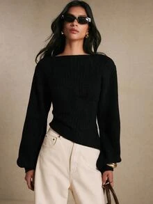 Poéselle Women's Elegant Ribbed Jacquard Asymmetrical Hem Warm Sweater, Fall Winter Knit Top For Work, Dating, Vacation, Party & Holiday Outfits - Black - View 6