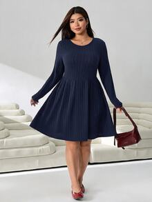 Solflare Plus Size Casual Versatile Solid Color Dress Fall - Navy Blue - View 5