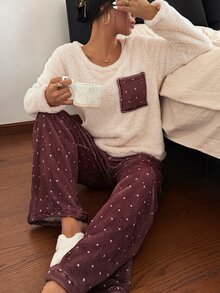 Napfluff Women's Flannel Pocket Decor Fashion Minimalist Heart Print Pajama Set 2-Piece - Multicolor - View 3
