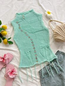 Soleia Women's Sweet Button Hollow Knit Top For Dating - Green - View 3